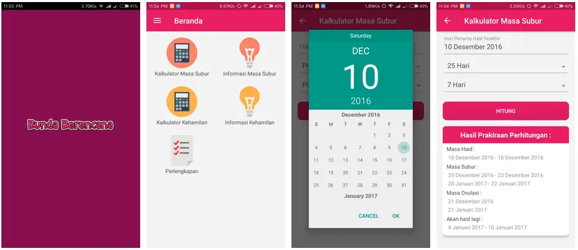 Tampilan aplikasi Bunda Berencana