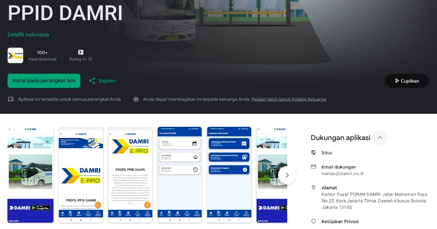 Tampilan aplikasi mobile PPID DAMRI Android