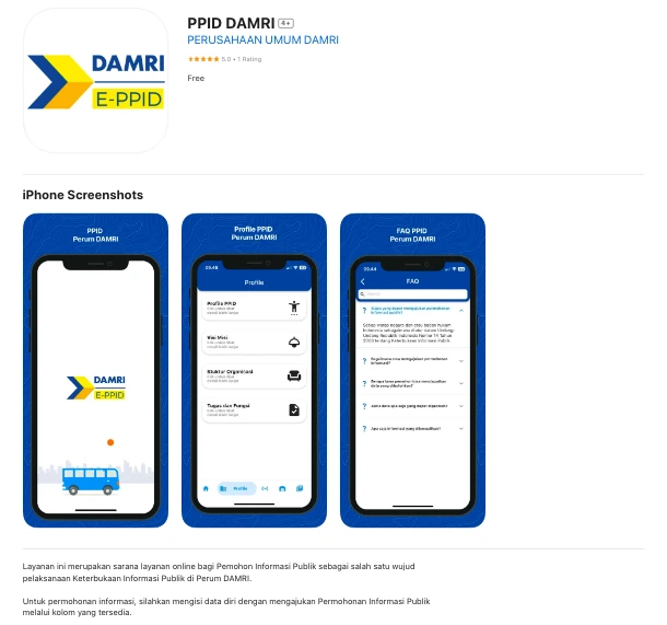 Tampilan aplikasi mobile PPID DAMRI IOS