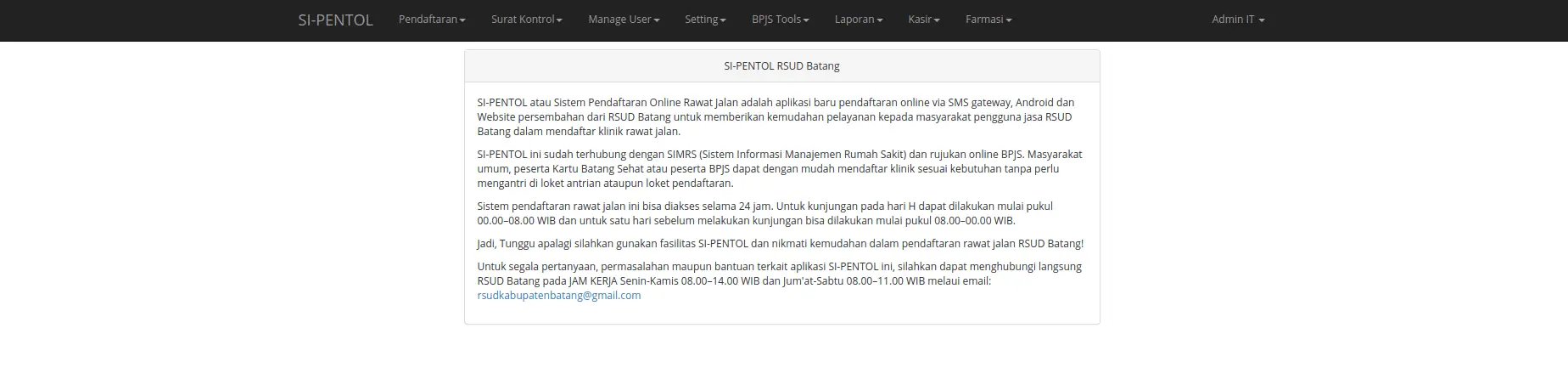 Tampilan backoffice situs SI-Pentol
